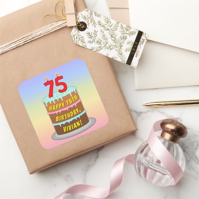 75th Birthday: Fun Cake and Candles + Custom Name Square Sticker (Gifting)