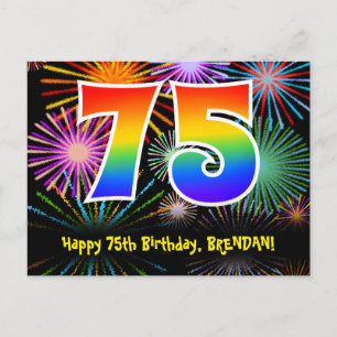 75th Birthday – Fun Fireworks Pattern + Rainbow 75 Postcard