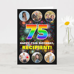 75th Birthday: Fun Rainbow #, Custom Name & Photos Card
