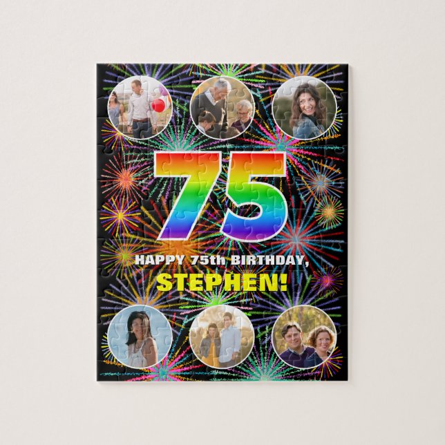 75th Birthday: Fun Rainbow #, Custom Name + Photos Jigsaw Puzzle (Vertical)