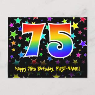 75th Birthday: Fun Stars Pattern, Rainbow 75, Name Postcard