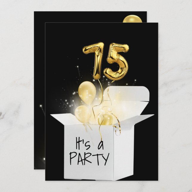 75th Birthday Gold Balloons In White Box  Invitation (Front/Back)