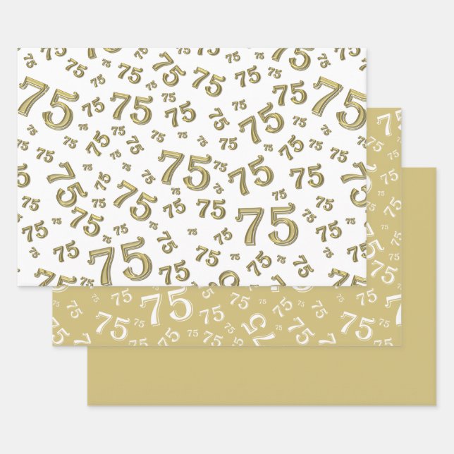 75th Birthday Gold & White Number Pattern 75 Wrapping Paper Sheet (Set)