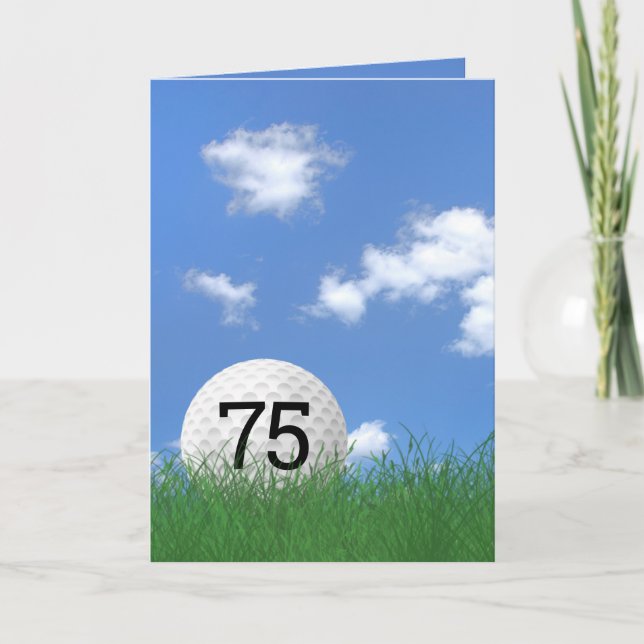 75th birthday, golf ball in grass card (Front)