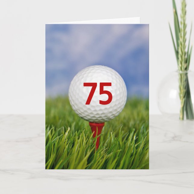 75th Birthday Golf Ball on Red Tee Card (Front)