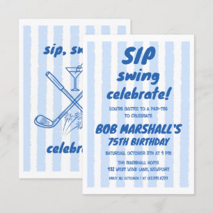 75th Birthday Golf Bold Blue Typography Stripes Invitation