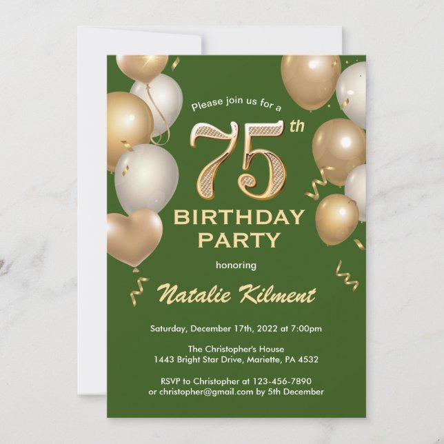 75th Birthday Green and Gold Glitter Balloons Invitation (Front)