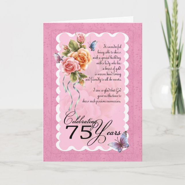 75th birthday greeting card - roses and butterfly (Front)