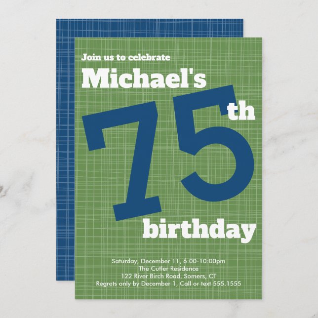 75th Birthday Invitation Blue with Green Accent, (Front/Back)