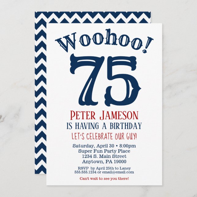 75th Birthday Invitation Mens Navy Blue (Front/Back)