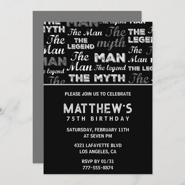 75th birthday invitations for him Men Myth Legend (Front/Back)