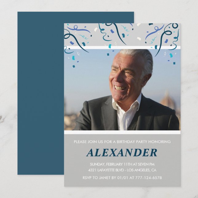 75th birthday invitations Men Confetti Photo Navy (Front/Back)