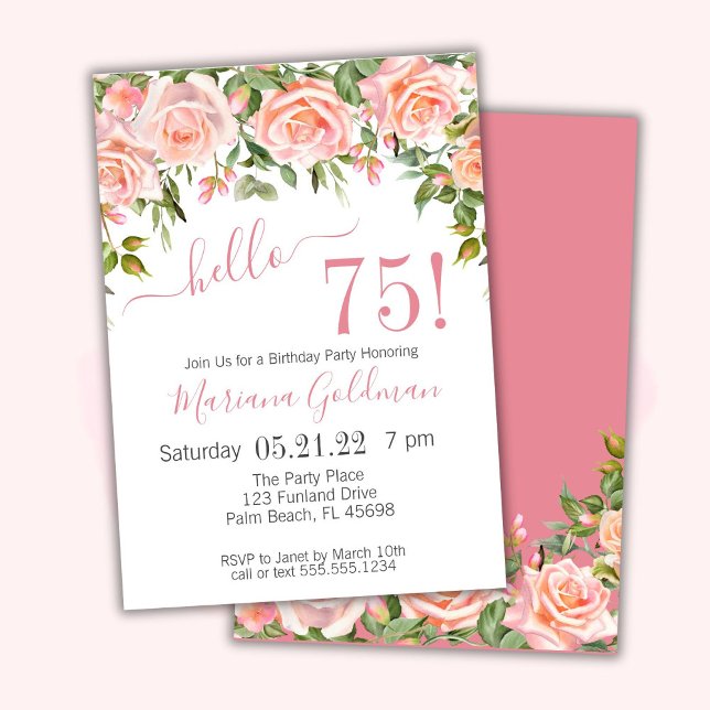 75th Birthday Invitations Pink Floral Modern Party (Creator Uploaded)