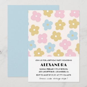 75th birthday invitations Retro Blue Pink Floral