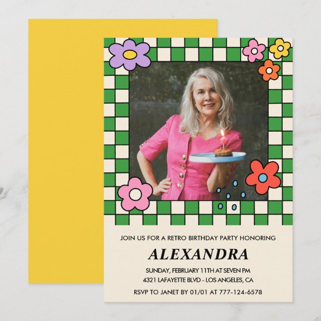 75th birthday invitations Retro Groovy Flowers (Front/Back)