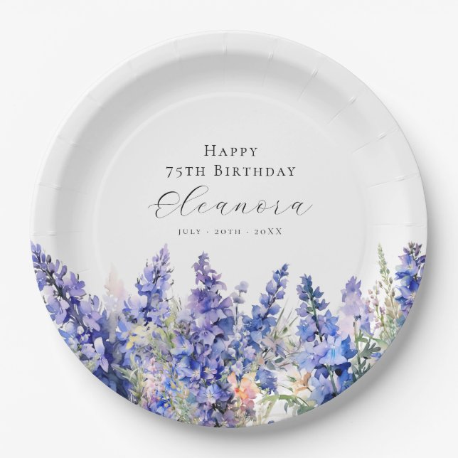 75th Birthday July Birth Flower Larkspur Custom Paper Plate (Front)
