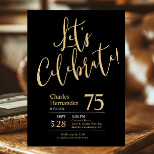 75th Birthday Let's Celebrate Black Gold Invitation