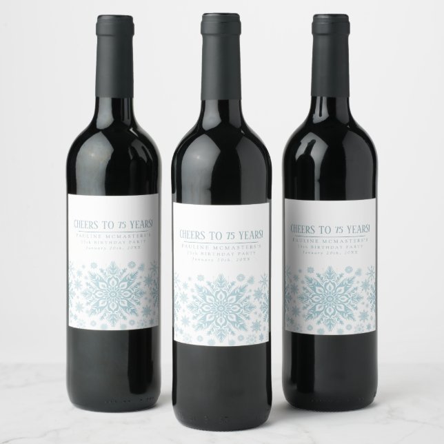 75th Birthday Minimalist Blue Snowflake Custom Wine Label (Bottles)
