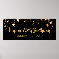 75th Birthday Modern Black Gold Stars Name
