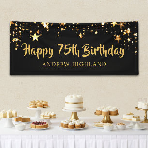 75th Birthday Modern Black Gold Stars Personalised Banner