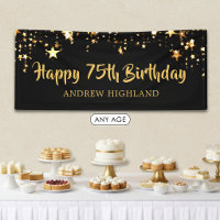 75th Birthday Modern Black Gold Stars Personalised