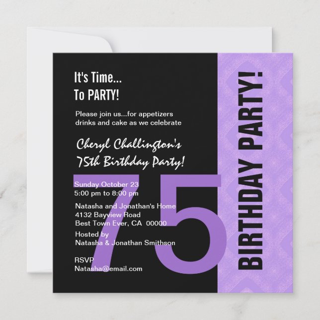 75th Birthday Modern Purple Black C848 Invitation (Front)