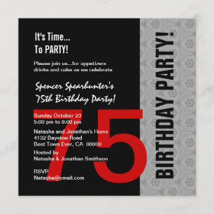 75th Birthday Modern Red Silver Black C846 Invitation