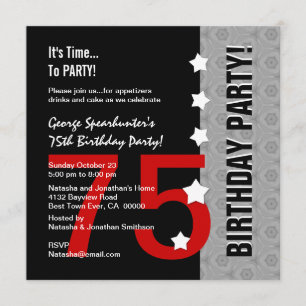 75th Birthday Modern Red Silver Black Funny D845E1 Invitation