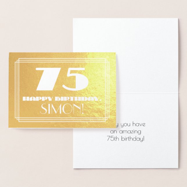 75th Birthday: Name + Art Deco Inspired Look "75" Foil Card (Display)