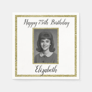 75th Birthday Napkins Custom Photo White and Gold 