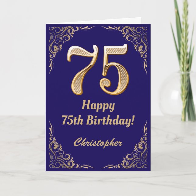 75th Birthday Navy Blue and Gold Glitter Frame Card (Front)