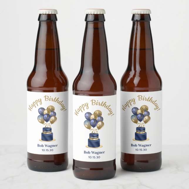 75th Birthday Navy Blue Balloon Cake Beer Bottle Label (Bottles)