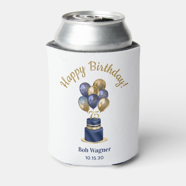 75th Birthday Navy Blue Balloon Cake Can Cooler (Can Back)