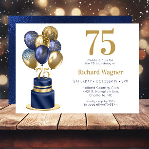 75th Birthday Navy Blue Balloon Cake Invitation