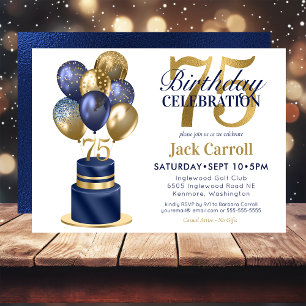 75th Birthday Navy Blue Balloon Cake Invitation