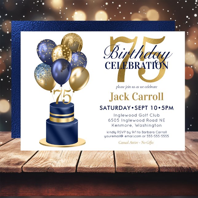 75th Birthday Navy Blue Balloon Cake Invitation (Creator Uploaded)