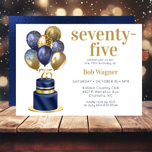 75th Birthday Navy Blue Balloon Cake Invitation