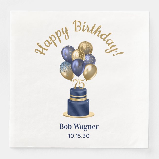 75th Birthday Navy Blue Balloon Cake Napkin (Front)