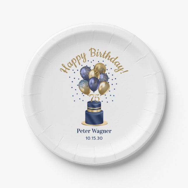 75th Birthday Navy Blue Balloon Cake Paper Plate (Front)
