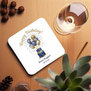 75th Birthday Navy Blue Balloon Cake Square Paper Coaster