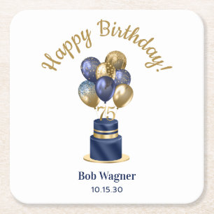 75th Birthday Navy Blue Balloon Cake Square Paper Coaster