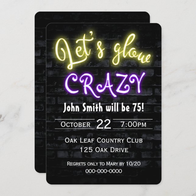 75th Birthday Neon Glow Sign on Brick Wall  Invitation (Front/Back)