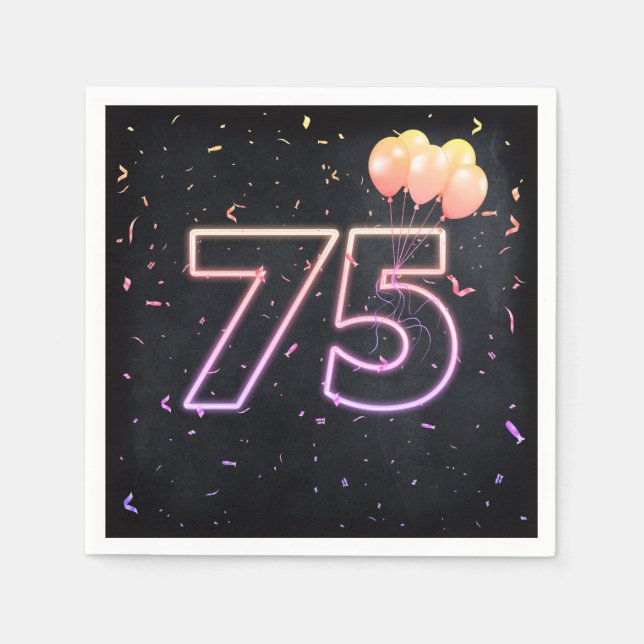 75th Birthday Neon Sign On Black Napkins (Front)