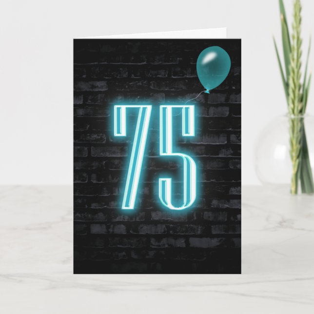 75th Birthday Neon Sign on Brick  Card (Front)