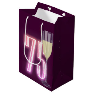 75th Birthday Neon Sign with Wine  Medium Gift Bag