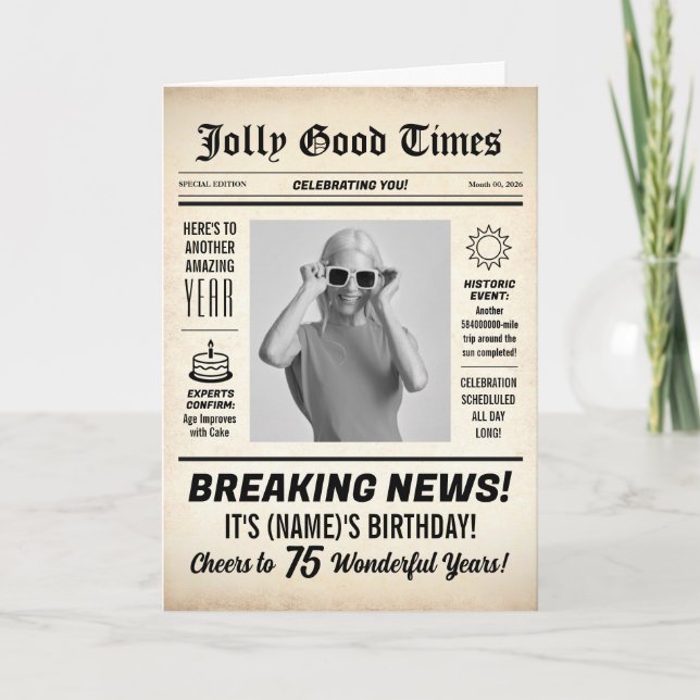 75th Birthday Newspaper, Add Photo, Personalised Card (Front)