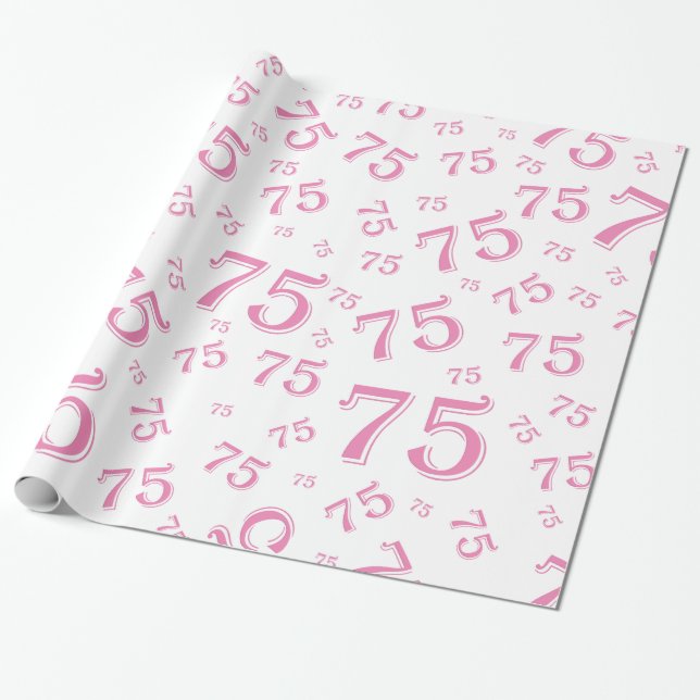 75th Birthday Number Pattern 75 Pink and White Wrapping Paper (Unrolled)