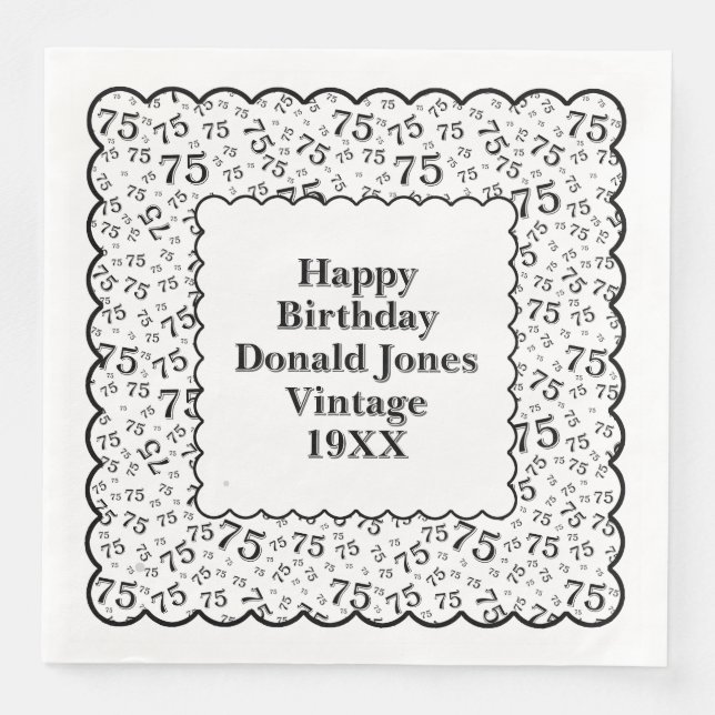 75th Birthday Number Pattern Scallops Black/White Napkin (Front)