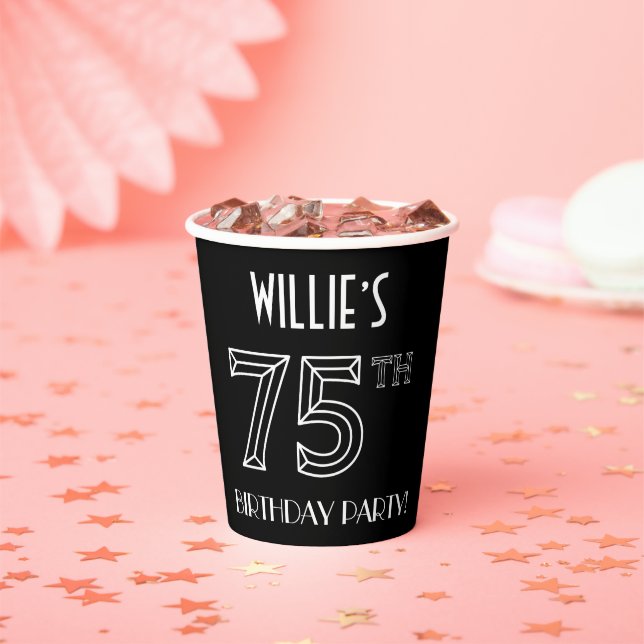 75th Birthday Party: Art Deco Style + Custom Name Paper Cups (Insitu)