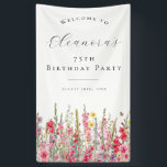 75th Birthday Party August Birth Flower Welcome Banner<br><div class="desc">Elegant summer watercolor pink gladiolus flowers create a beautiful floral border at the bottom of this birthday party welcome sign. Gladiolus flowers are the July birth flower. A trendy font combination gives it a modern aesthetic. All of the text is editable.</div>